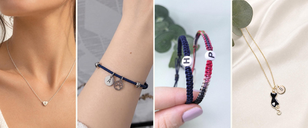 Personalised Christmas gifts: heart initial necklace, paw print bracelet, matching initial bracelets and cat necklace