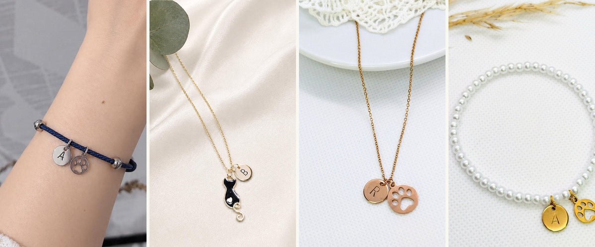 Pet memorial jewellery: paw print bracelet, cat necklace, rose gold paw necklace and pearl paw bracelet with initials