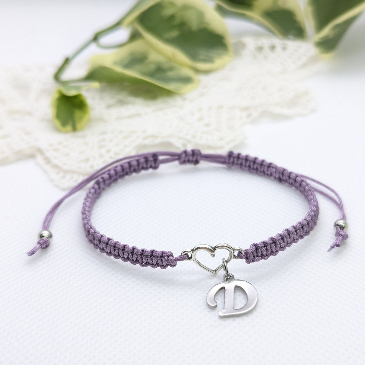 Personalized Initial Heart Charm Bracelet: Handmade Adjustable Rope Bangle