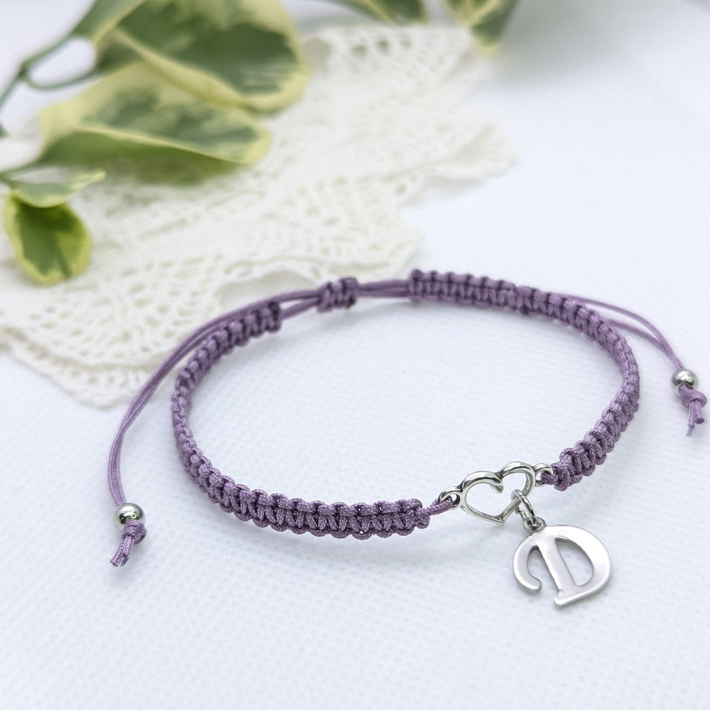 Personalized Initial Heart Charm Bracelet: Handmade Adjustable Rope Bangle