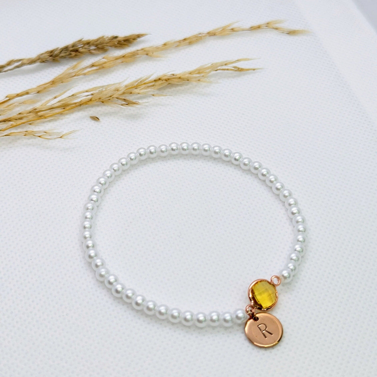 Personalized Pearl Beaded Bracelet: Rose Gold Initial Disc, Birthstone Charm