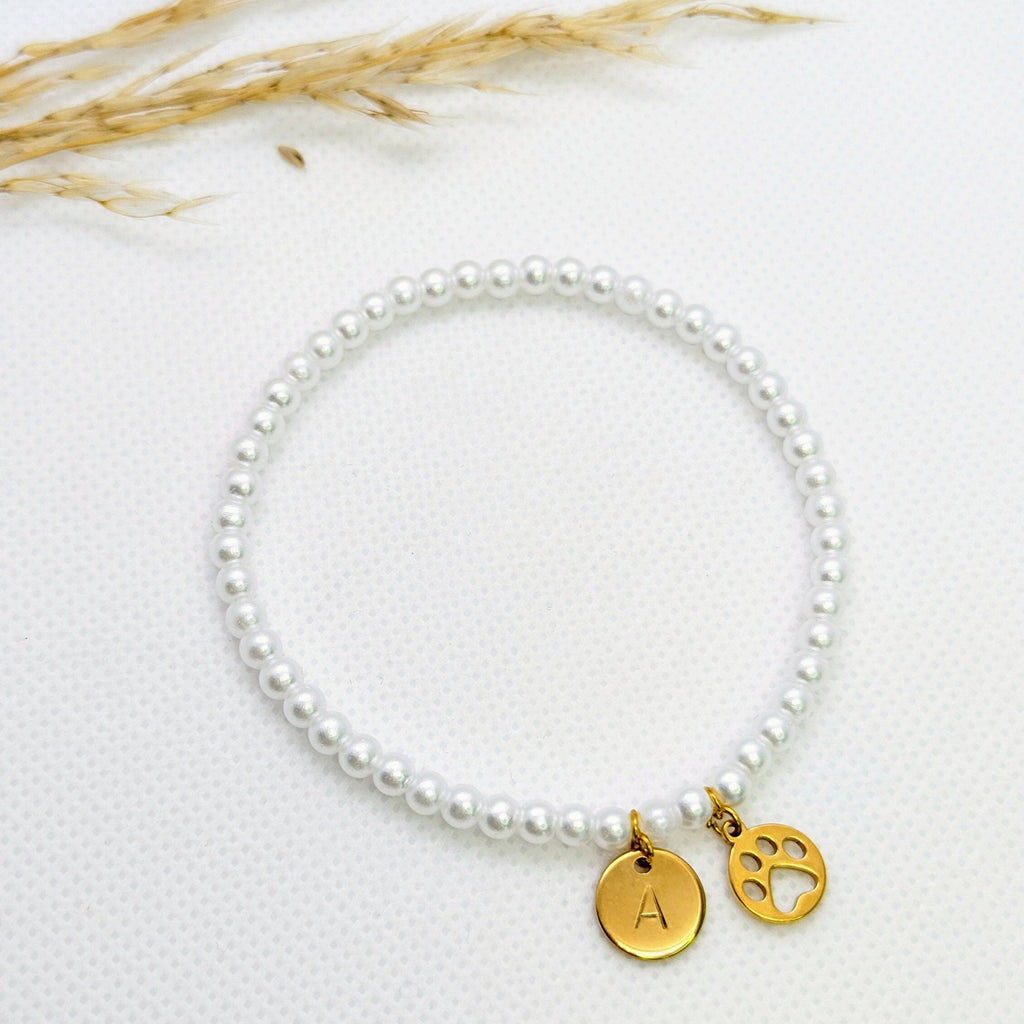 Personalized Pearl Bracelet: Gold Initial, Paw Charm, Pet Memorial, gift for Mother