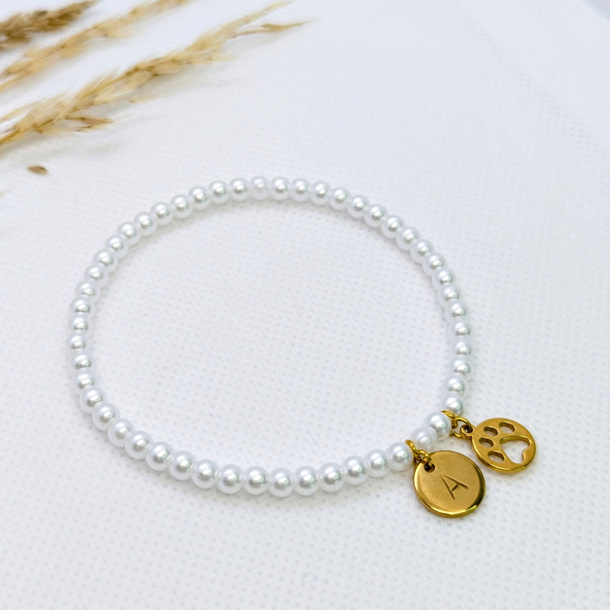 Personalized Pearl Bracelet: Gold Initial, Paw Charm, Pet Memorial, gift for Mother