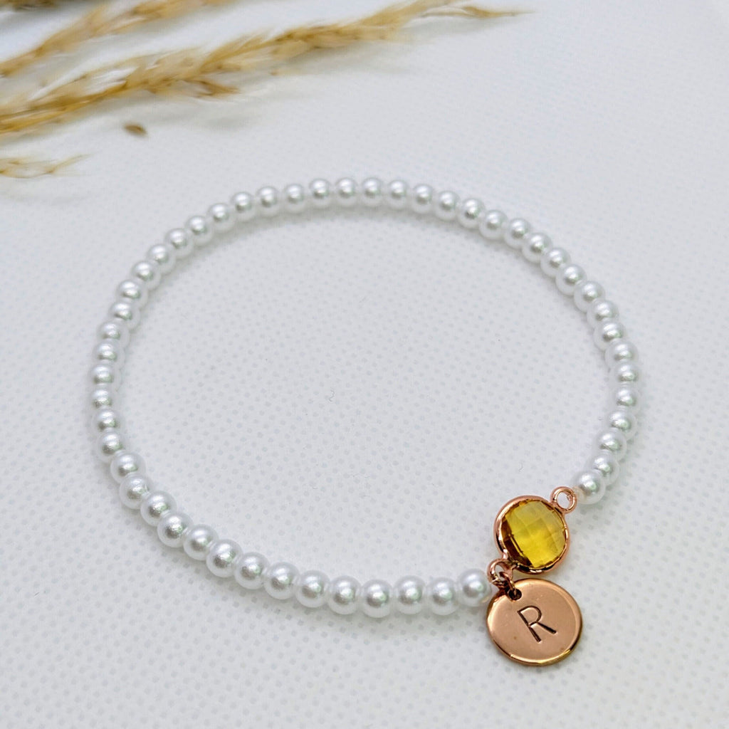 Personalized Pearl Beaded Bracelet: Rose Gold Initial Disc, Birthstone Charm