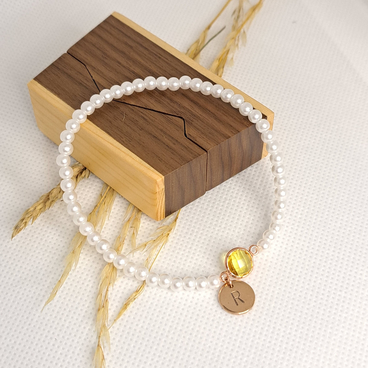 Personalized Pearl Beaded Bracelet: Rose Gold Initial Disc, Birthstone Charm