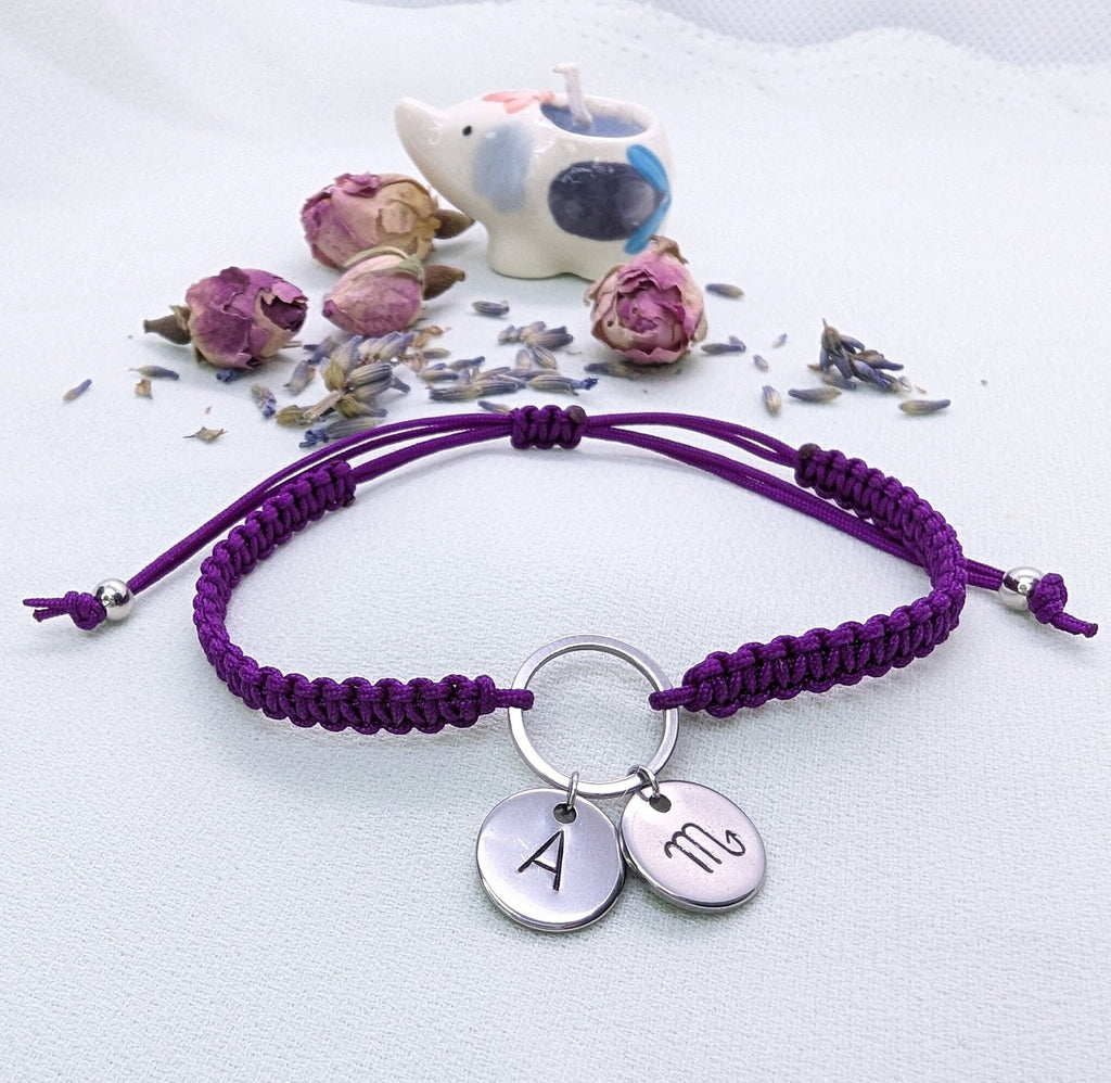 Personalized Zodiac Sign Bracelet: Initial Disc Woven Rope Bracelet