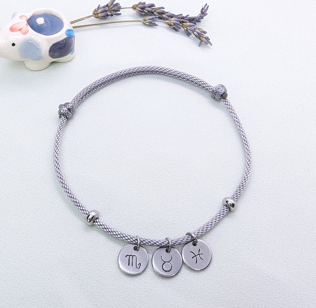 Zodiac Sign Initial Bracelet: Personalized Silver Disc Constellation Jewelry
