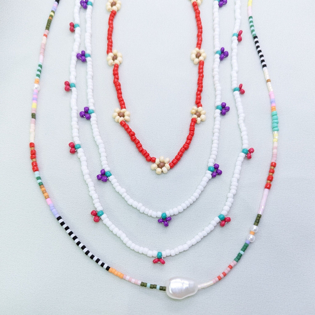 Beaded Summer Necklace Set: Pearl, Cherry & Grape Chokers