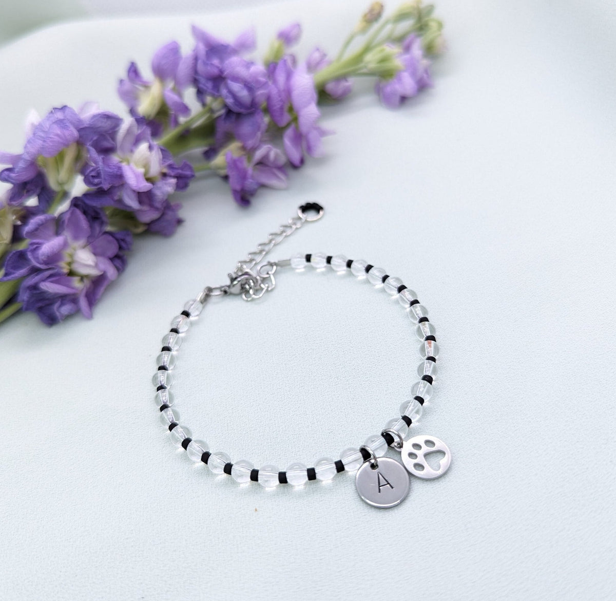 Custom Dog Paw Bracelet: Initial Disc, Silver Pet Memorial