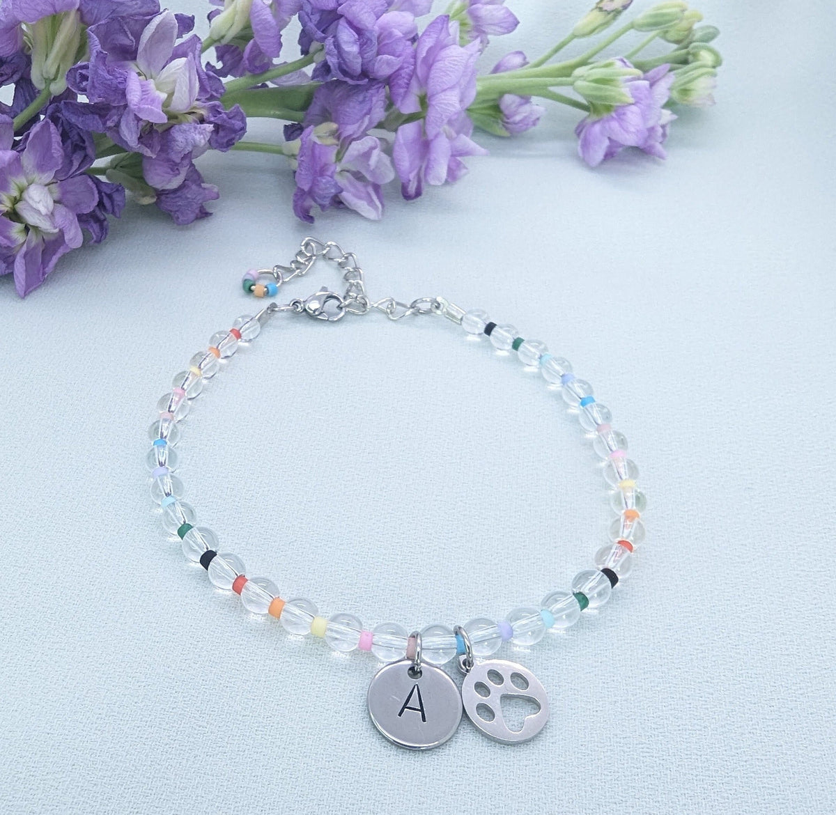 Custom Dog Paw Bracelet: Initial Disc, Silver Pet Memorial