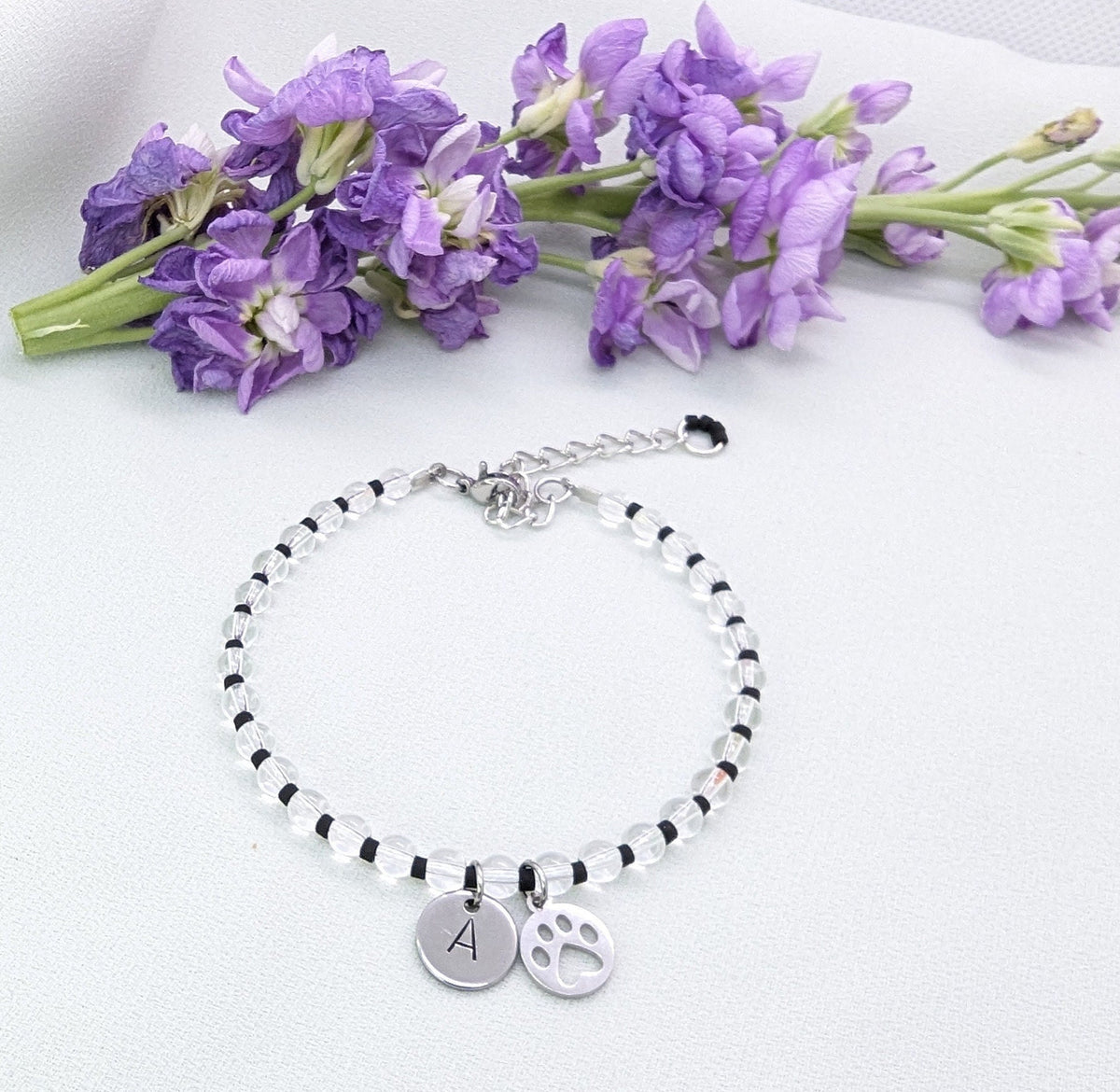 Custom Dog Paw Bracelet: Initial Disc, Silver Pet Memorial