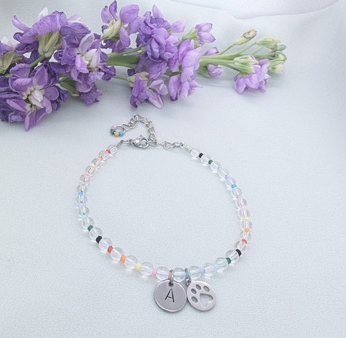 Custom Dog Paw Bracelet: Initial Disc, Silver Pet Memorial