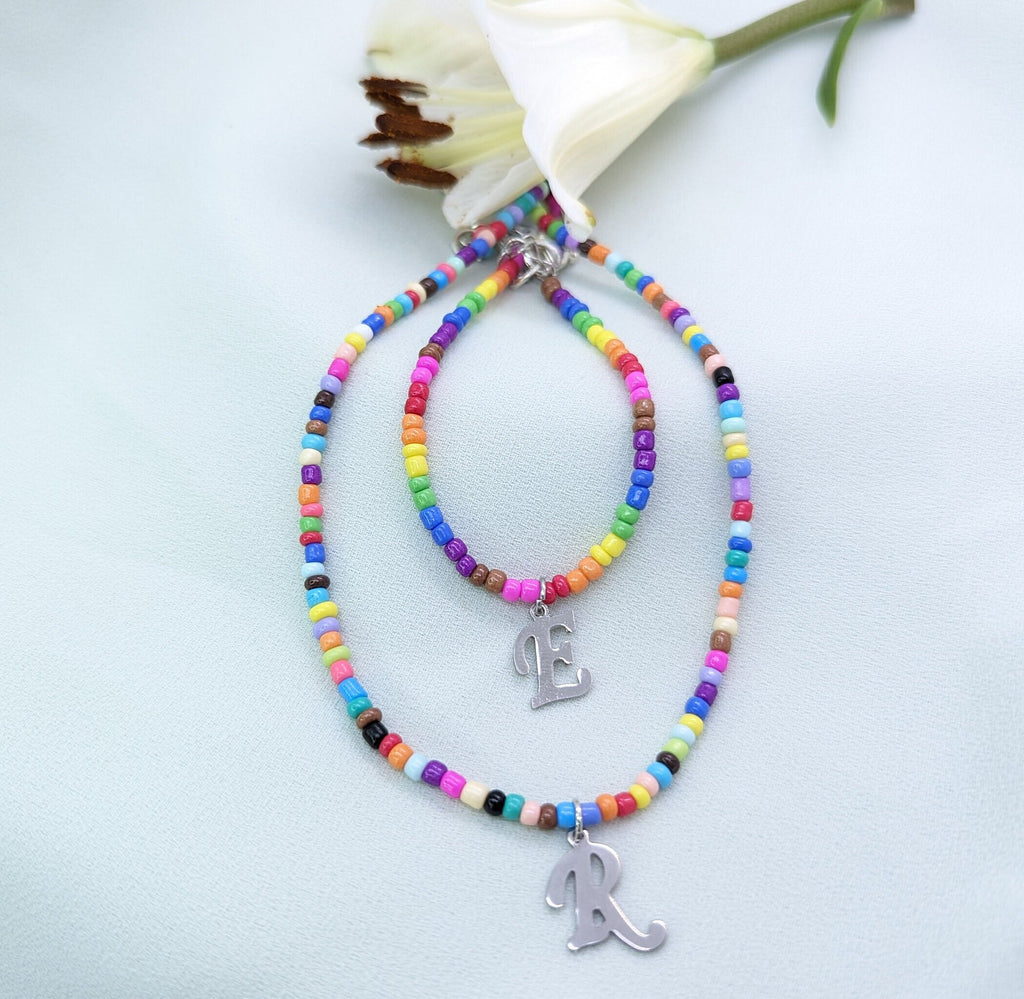 Beaded Initial Charm Necklace: Colorful Boho Beach Style, personalized jewelry gift, handmade christmas jewelry
