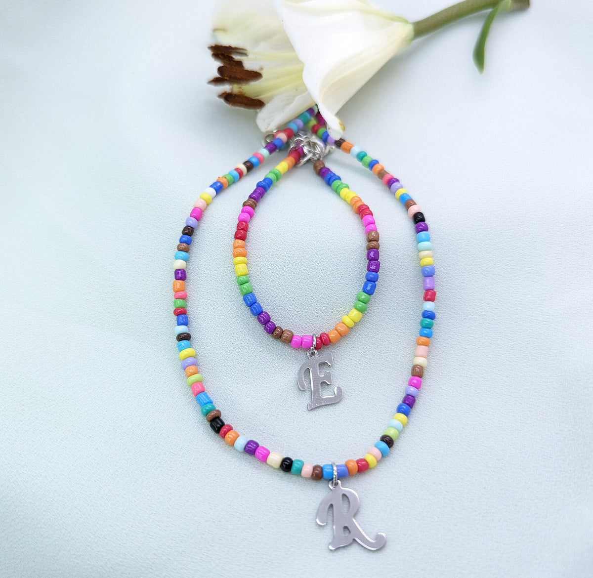 Beaded Initial Charm Necklace: Colorful Boho Beach Style, personalized jewelry gift, handmade christmas jewelry