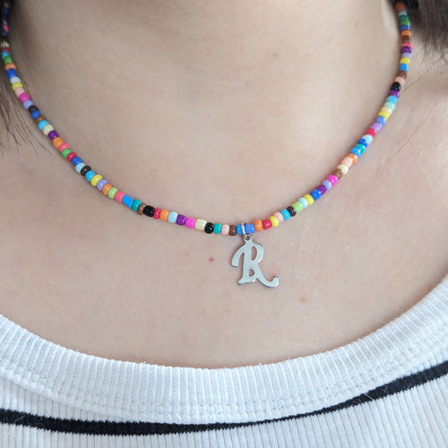 Beaded Initial Charm Necklace: Colorful Boho Beach Style, personalized jewelry gift, handmade christmas jewelry