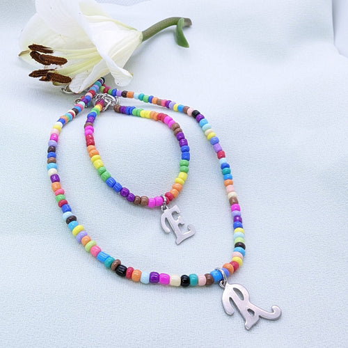 Beaded Initial Charm Necklace: Colorful Boho Beach Style, personalized jewelry gift, handmade christmas jewelry