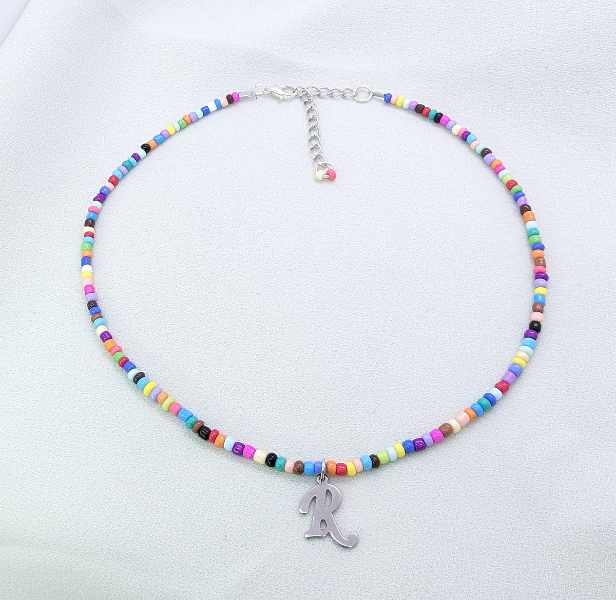 Beaded Initial Charm Necklace: Colorful Boho Beach Style, personalized jewelry gift, handmade christmas jewelry