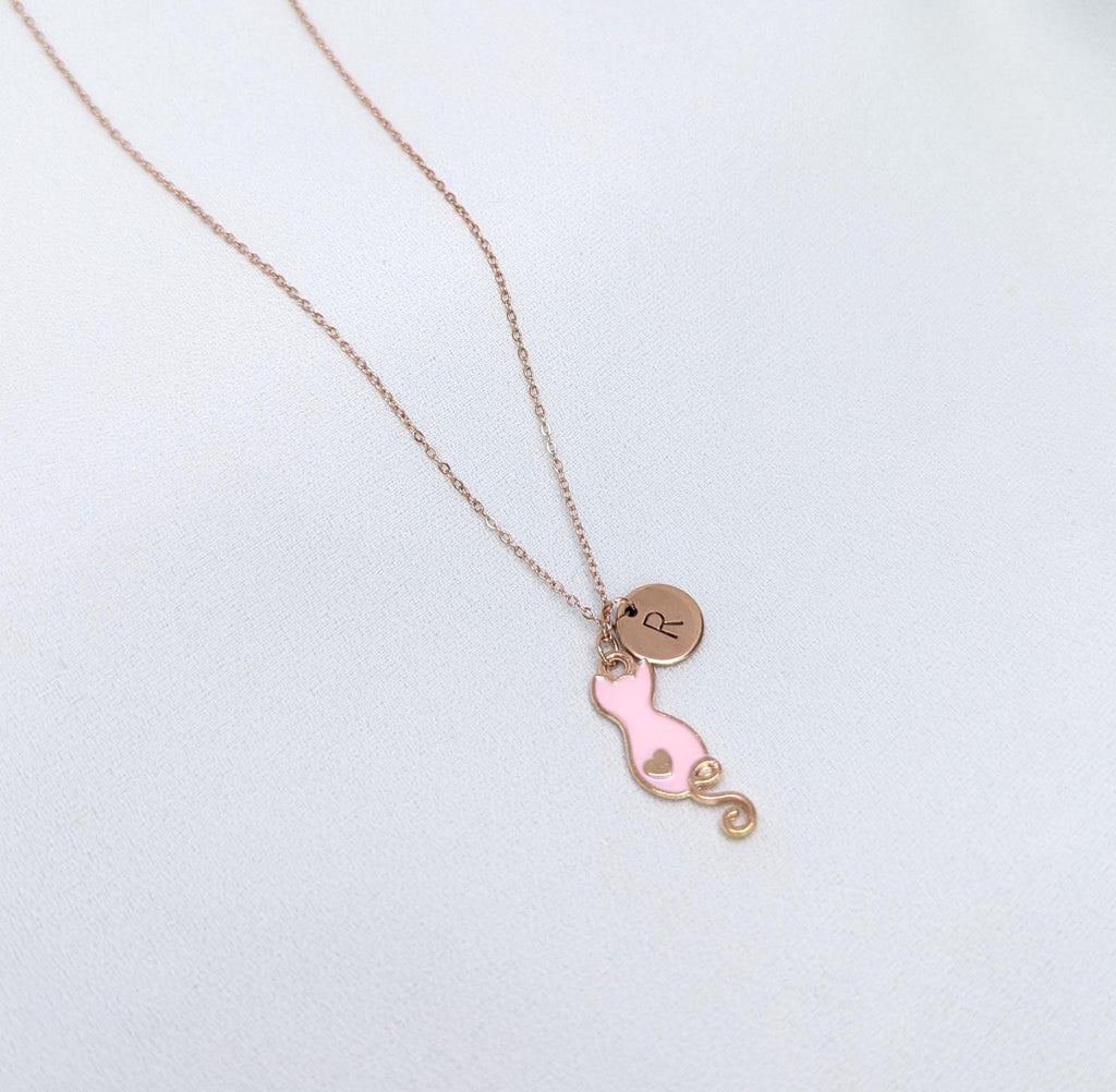 Personalized Cat Necklace: Rose Gold Initial Pendant, Cat Lover Gift