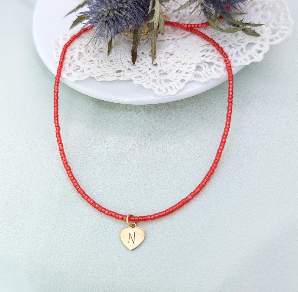Personalized Heart Initial Necklace: Gold Beaded Stainless Steel Chain, Mom-Mom gift
