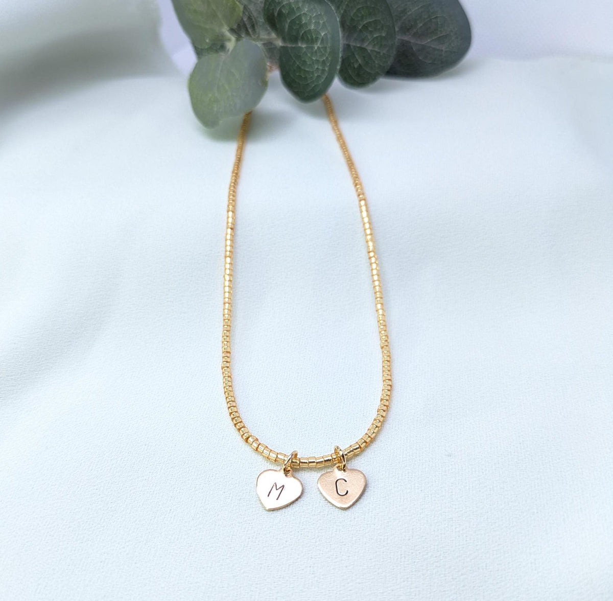 Personalized Heart Initial Necklace: Gold Beaded Stainless Steel Chain, Mom-Mom gift
