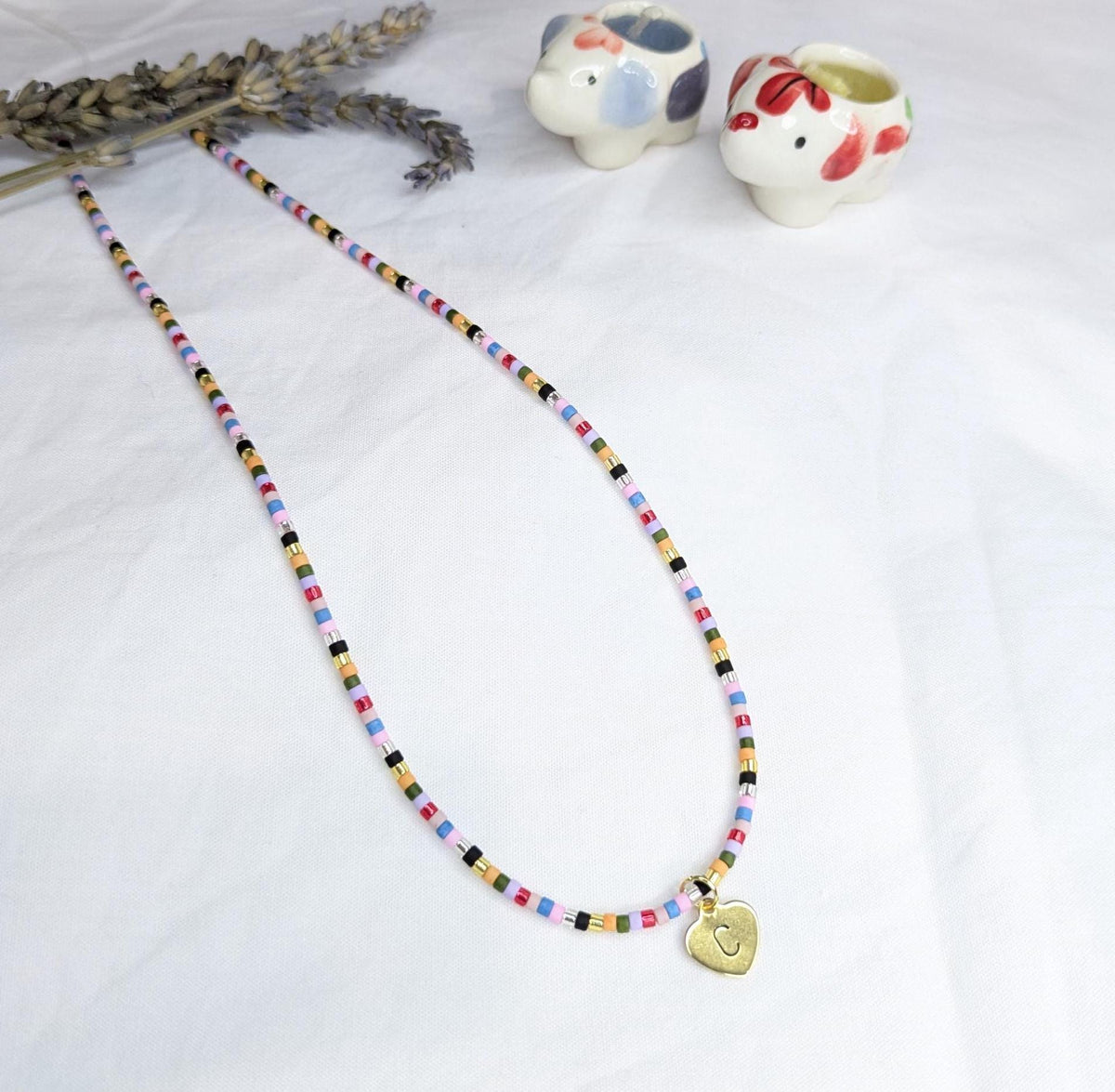 Personalized Heart Initial Necklace: Gold Beaded Stainless Steel Chain, Mom-Mom gift