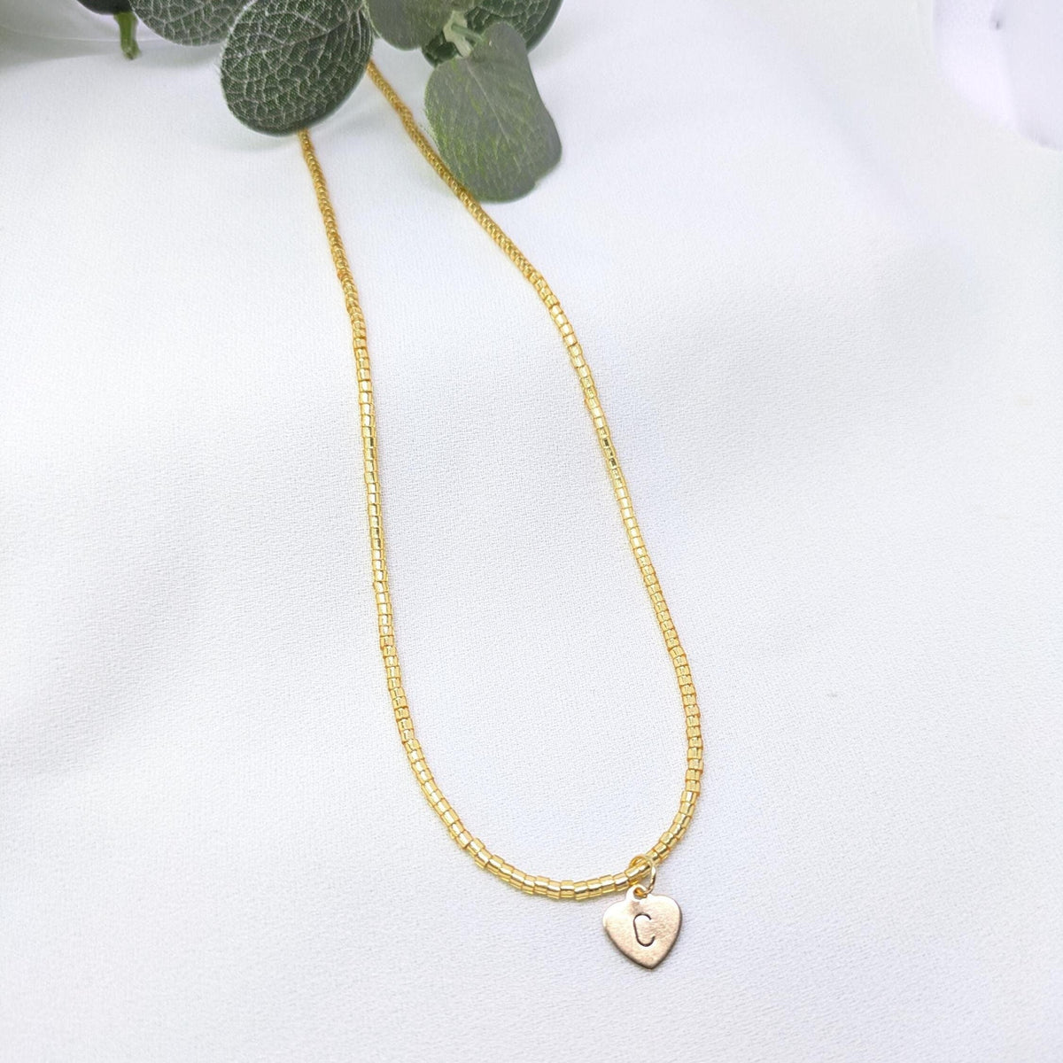 Personalized Heart Initial Necklace: Gold Beaded Stainless Steel Chain, Mom-Mom gift