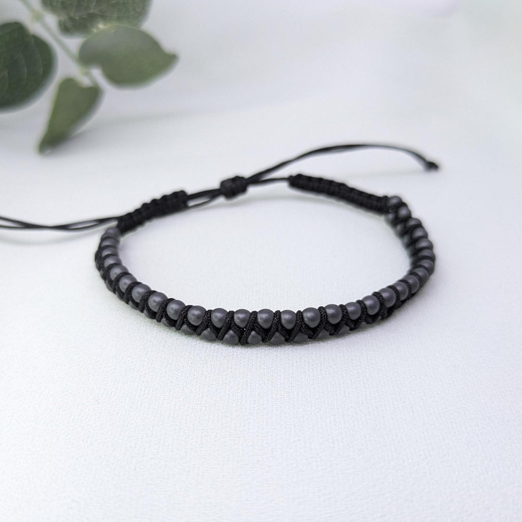 Men's Frosted Hematite Beaded Bracelet: Woven Boho Surfer Style