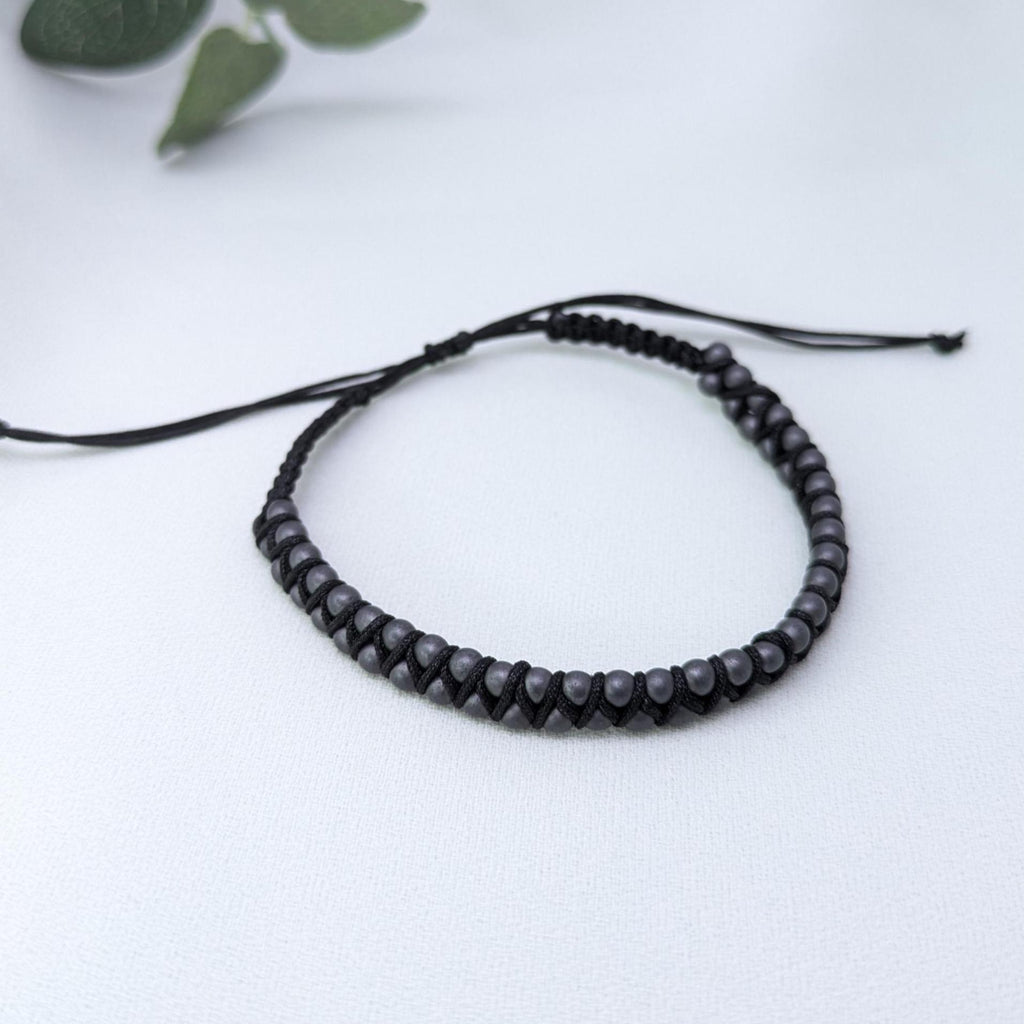 Men's Frosted Hematite Beaded Bracelet: Woven Boho Surfer Style