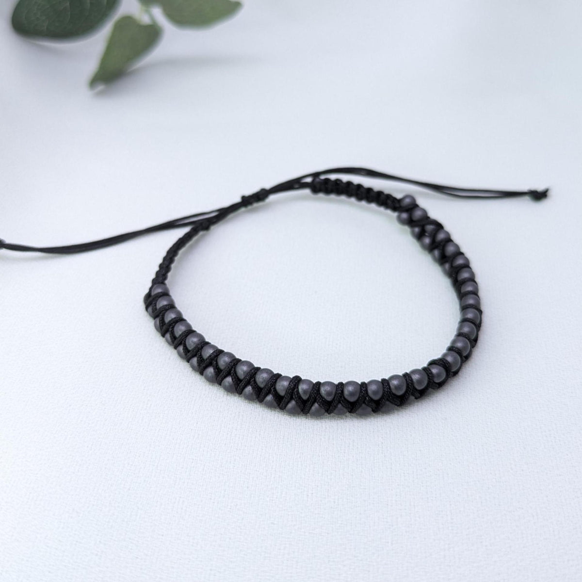 Men's Frosted Hematite Beaded Bracelet: Woven Boho Surfer Style