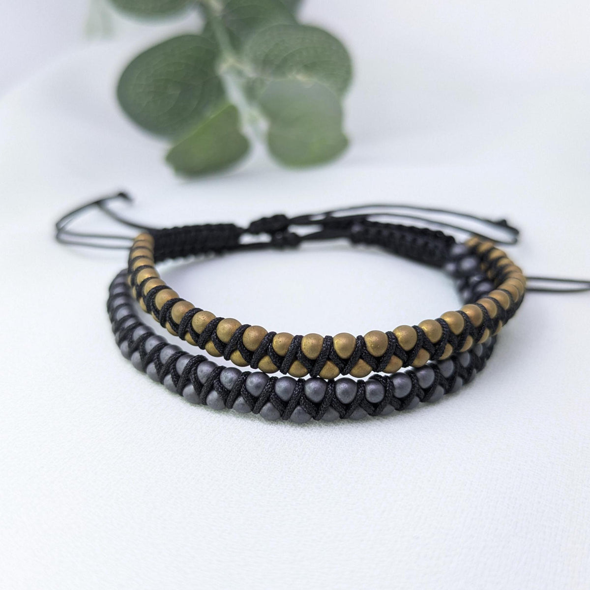 Men's Frosted Hematite Beaded Bracelet: Woven Boho Surfer Style
