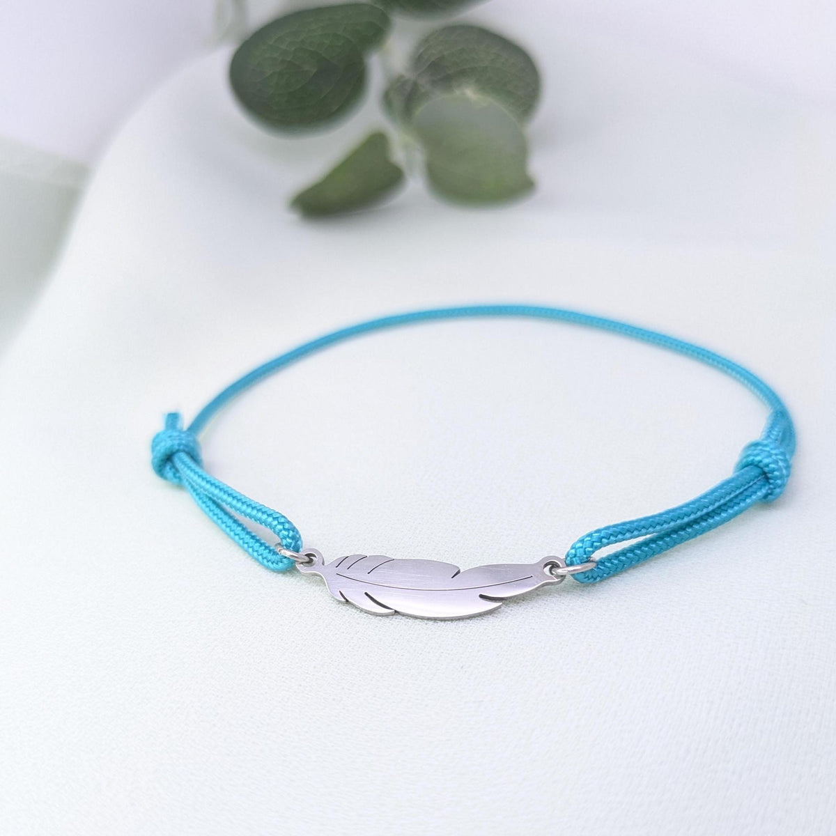 Silver Feather Charm Bracelet: Adjustable Turquoise Paracord, Mom-Mom gift