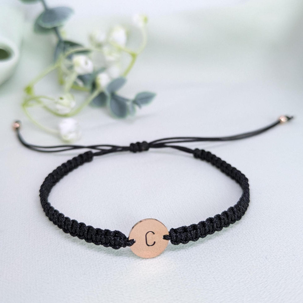 Personalized Rose Gold Initial Bracelet: Adjustable Rope Charm Bracelet, Mothers Day Gift for Her