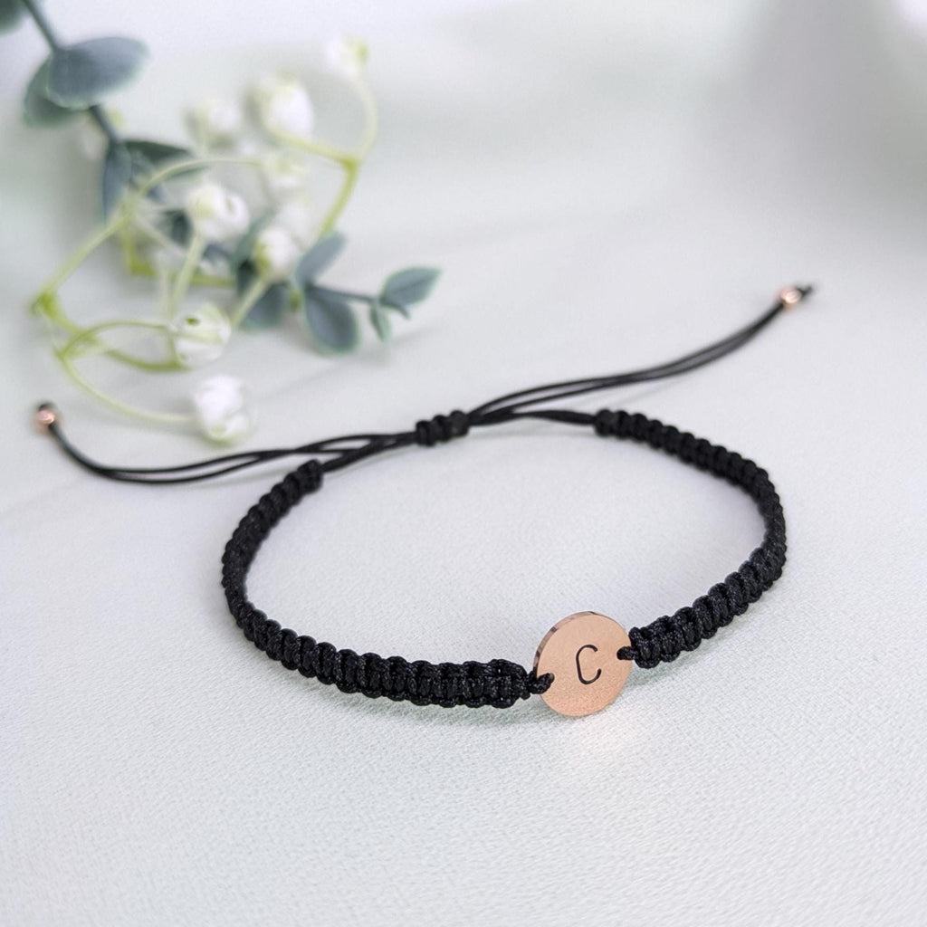 Personalized Rose Gold Initial Bracelet: Adjustable Rope Charm Bracelet, Mothers Day Gift for Her