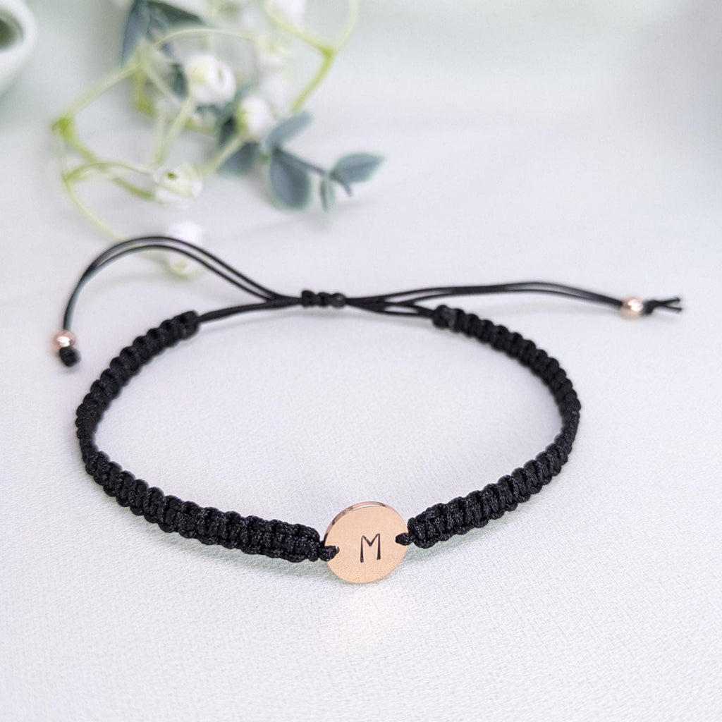 Personalized Rose Gold Initial Bracelet: Adjustable Rope Charm Bracelet, Mothers Day Gift for Her