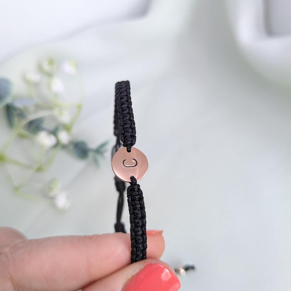 Personalized Rose Gold Initial Bracelet: Adjustable Rope Charm Bracelet, Mothers Day Gift for Her