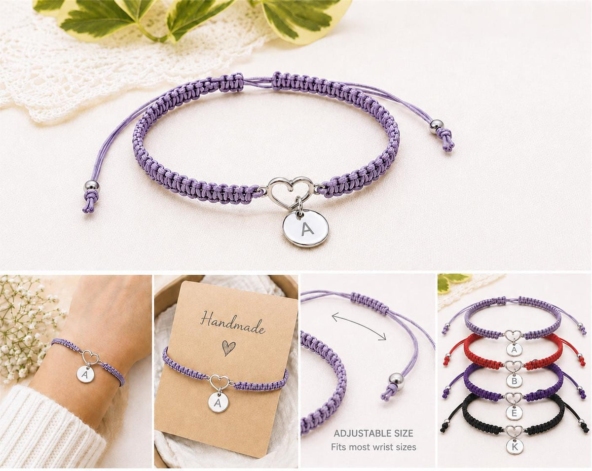 Personalised Initial Bracelet, Initial Heart Bracelet, Handmade Adjustable Macrame Cord