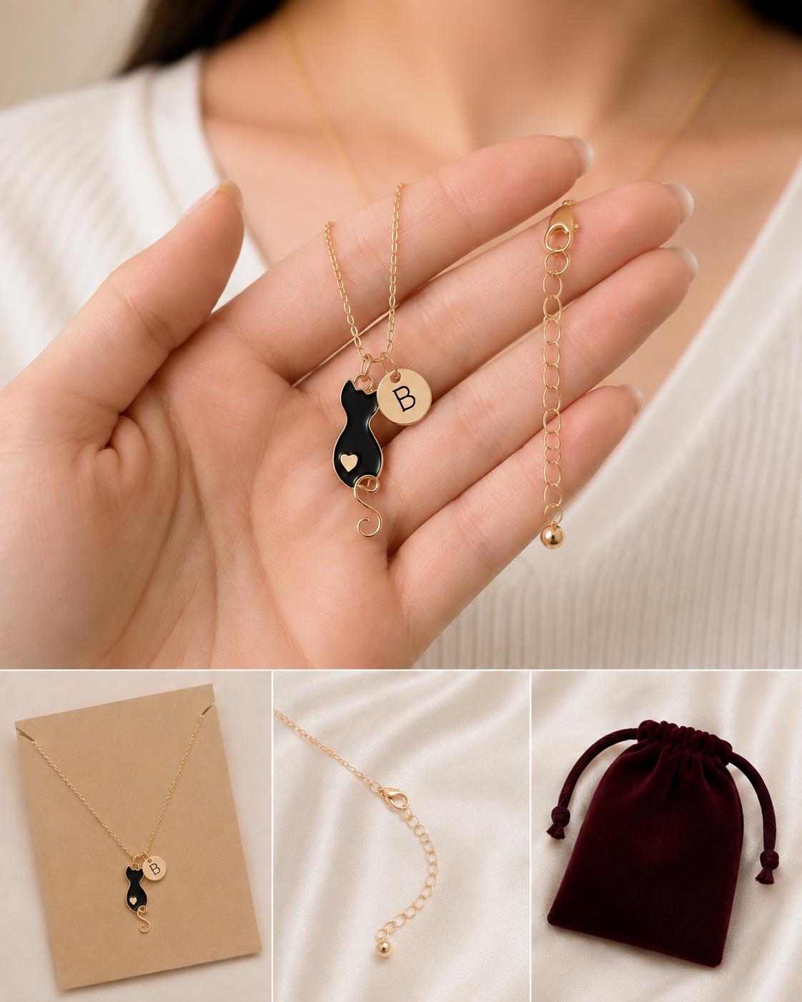 Personalised Black Cat Necklace, Gold Initial Disc, Minimalist Gift
