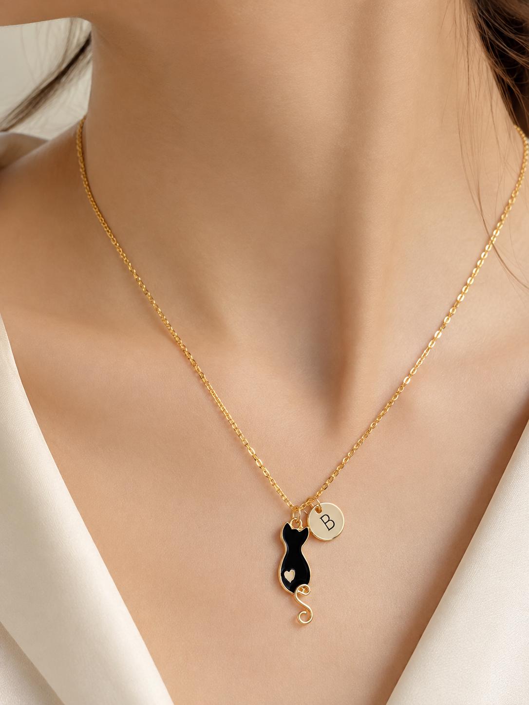 Personalised Black Cat Necklace, Gold Initial Disc, Minimalist Gift