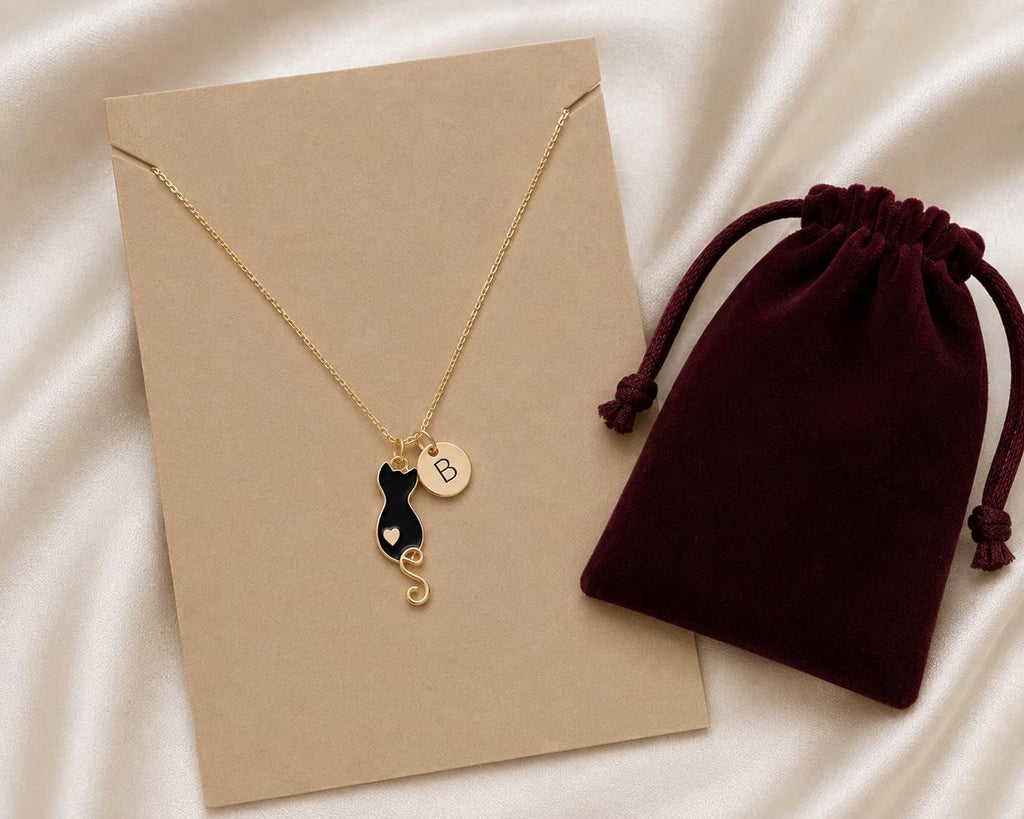 Personalised Black Cat Necklace, Gold Initial Disc, Minimalist Gift