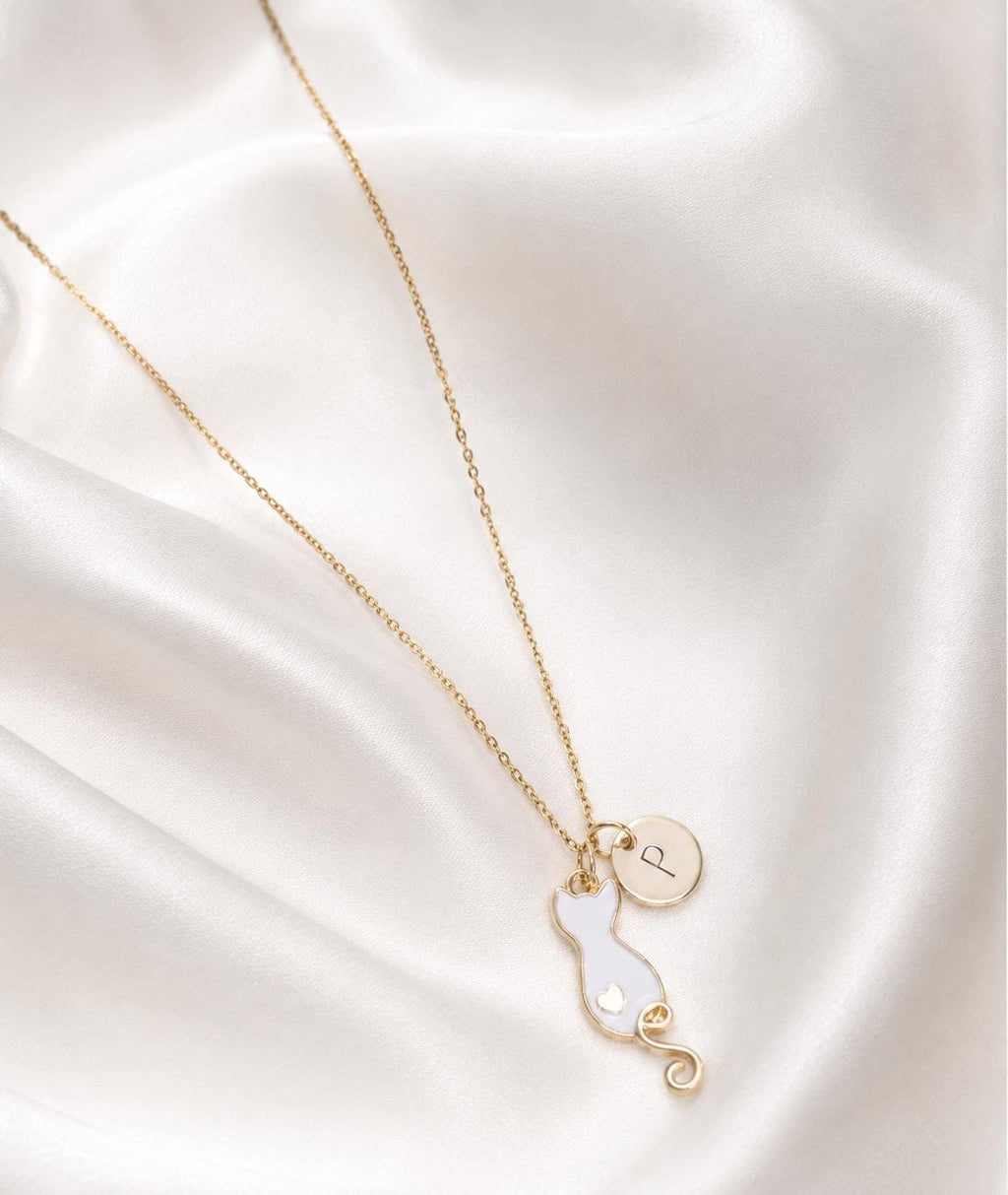 Personalised Black Cat Necklace, Gold Initial Disc, Minimalist Gift
