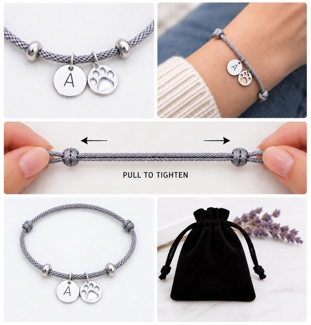 Personalised Paw Print Bracelet, Initial Dog Paw Charm, Pet Memorial Gift