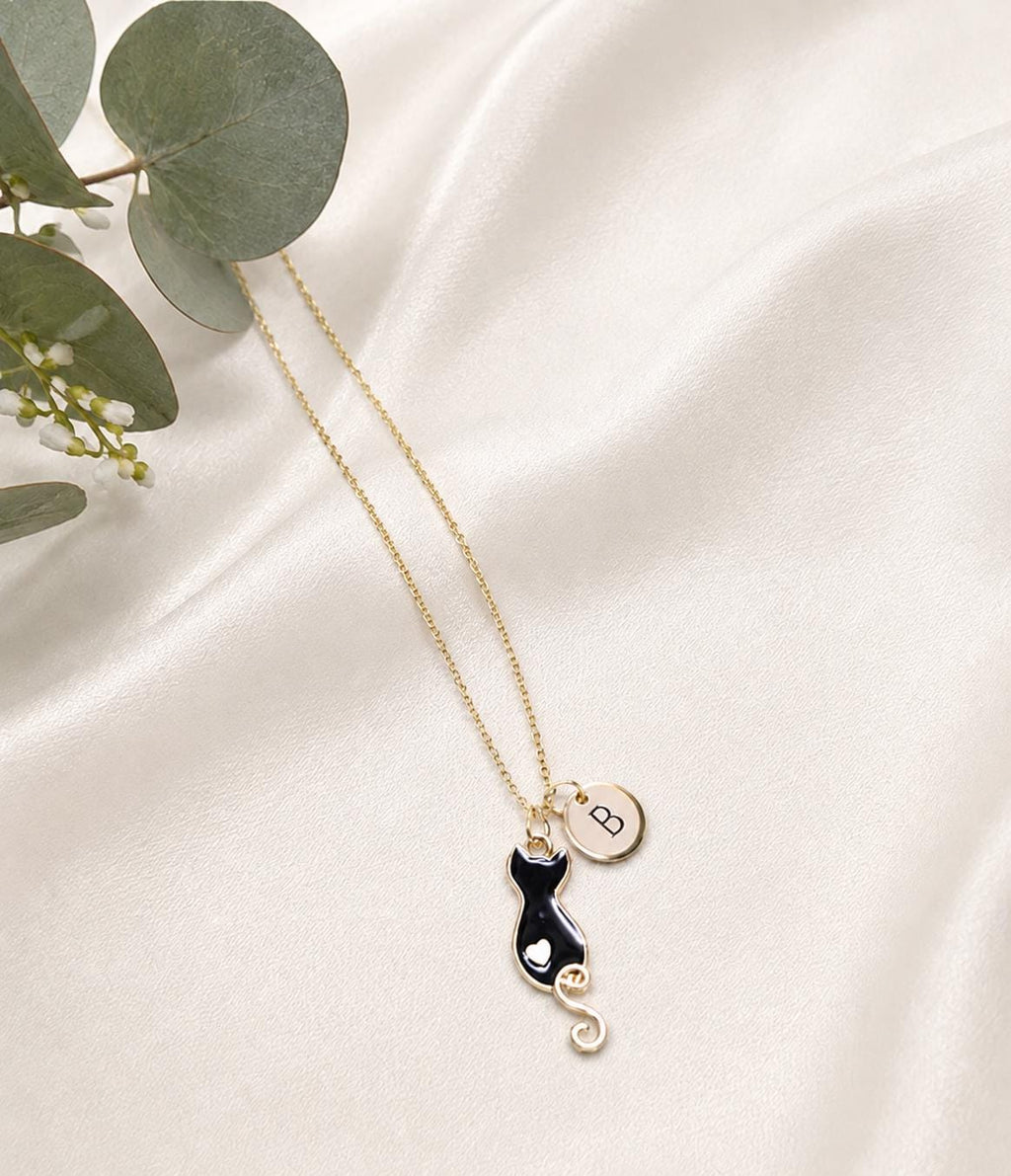 Personalised Black Cat Necklace, Gold Initial Disc, Minimalist Gift