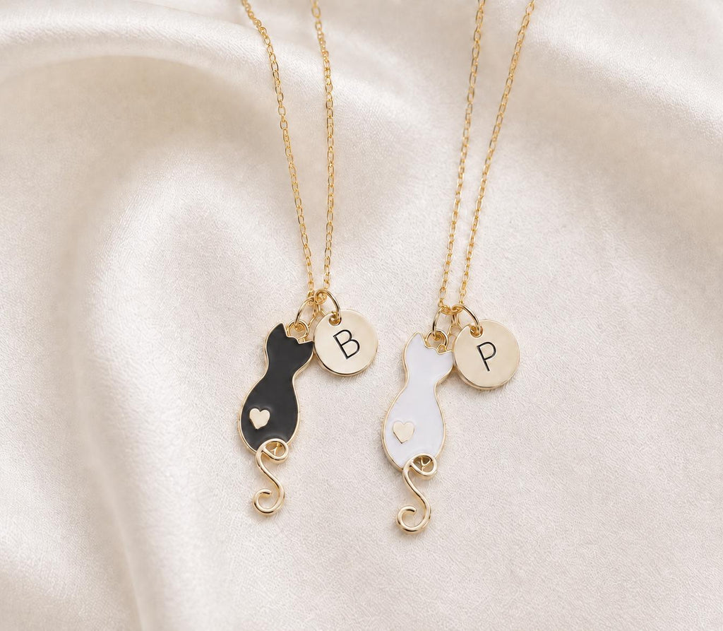 Personalised Black Cat Necklace, Gold Initial Disc, Minimalist Gift