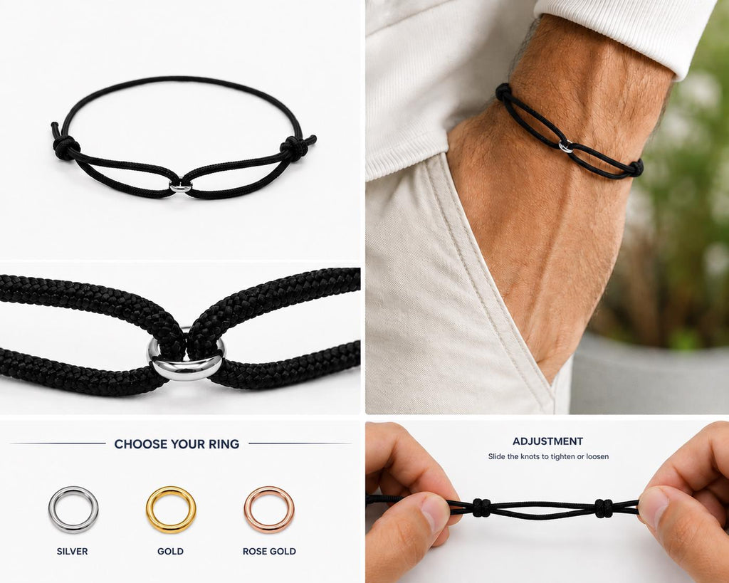 Men's Rope Bracelet, Waterproof Cord Bracelet with Stainless Steel Ring