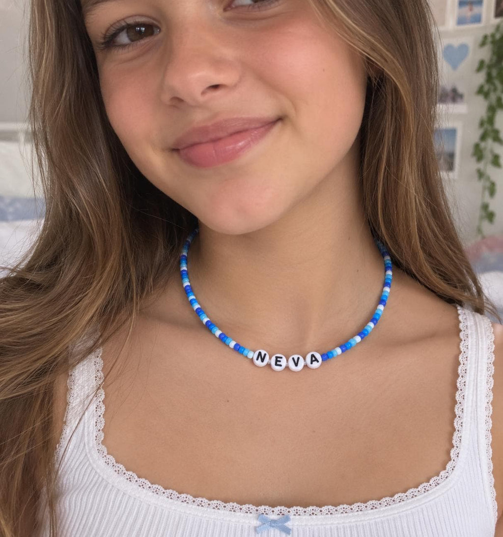 Personalised Beaded Necklace, Kids Name Necklace, Colourful Bead Choker