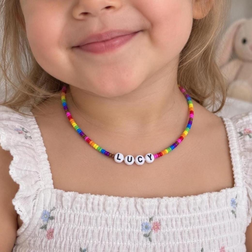 Personalised Beaded Necklace, Kids Name Necklace, Colourful Bead Choker