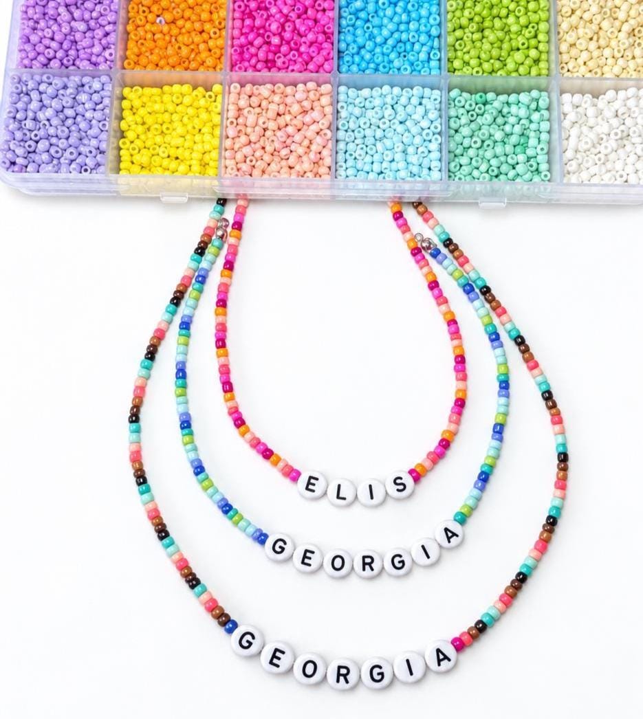Personalised Beaded Necklace, Kids Name Necklace, Colourful Bead Choker