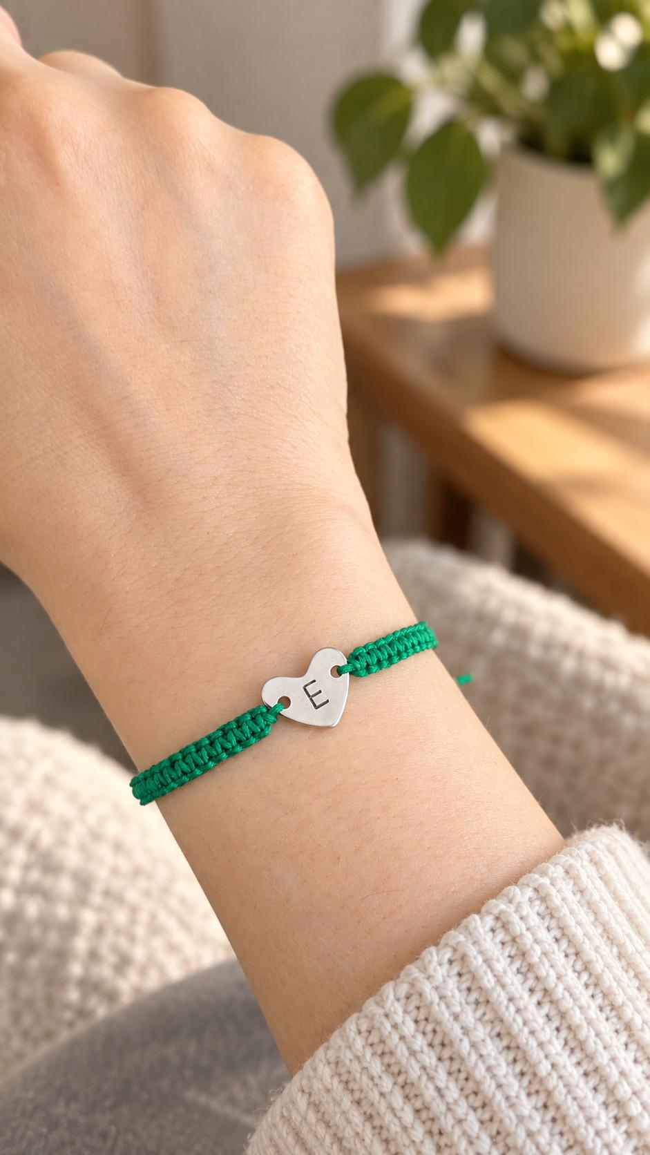 Personalised Rope Bracelet, Initial Heart Charm, Adjustable Friendship Jewellery