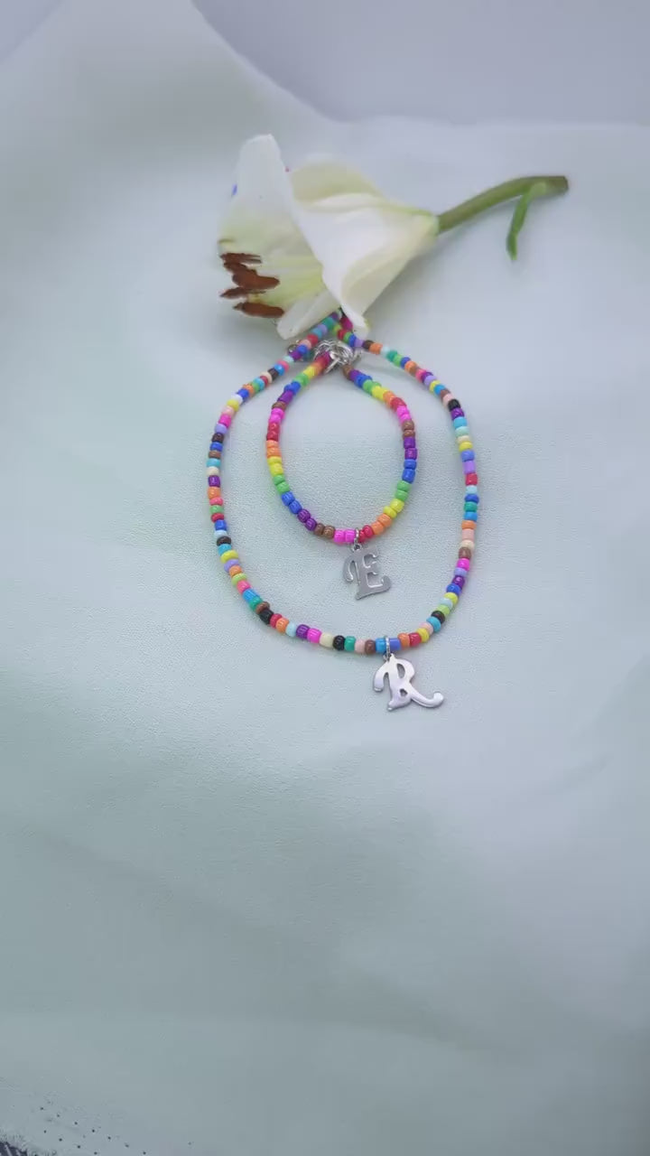 Beaded Initial Charm Necklace: Colorful Boho Beach Style, personalized jewelry gift, handmade christmas jewelry